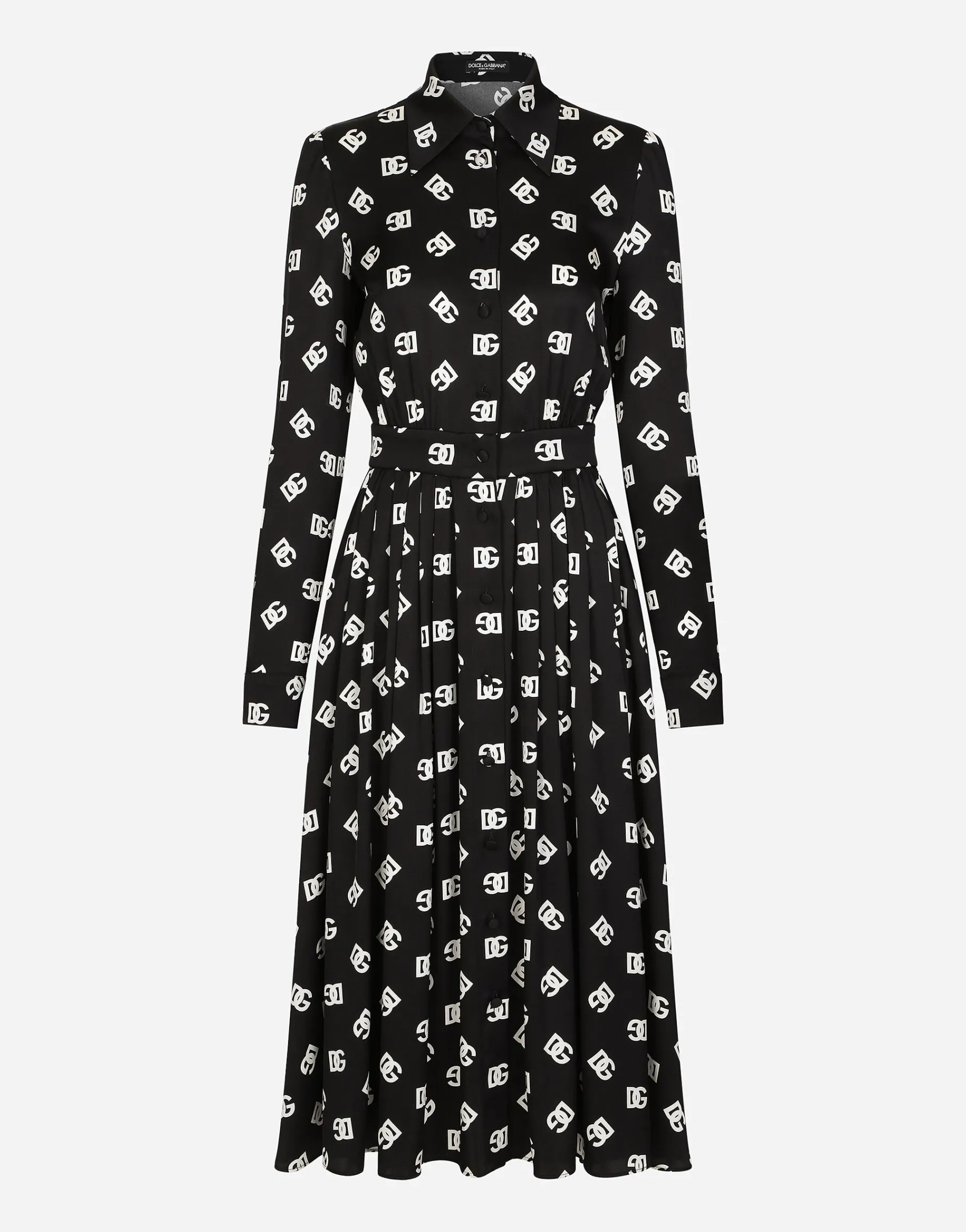 Charmeuse calf-length dress with all-over DG print