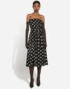 Charmeuse calf-length dress with all-over DG logo print