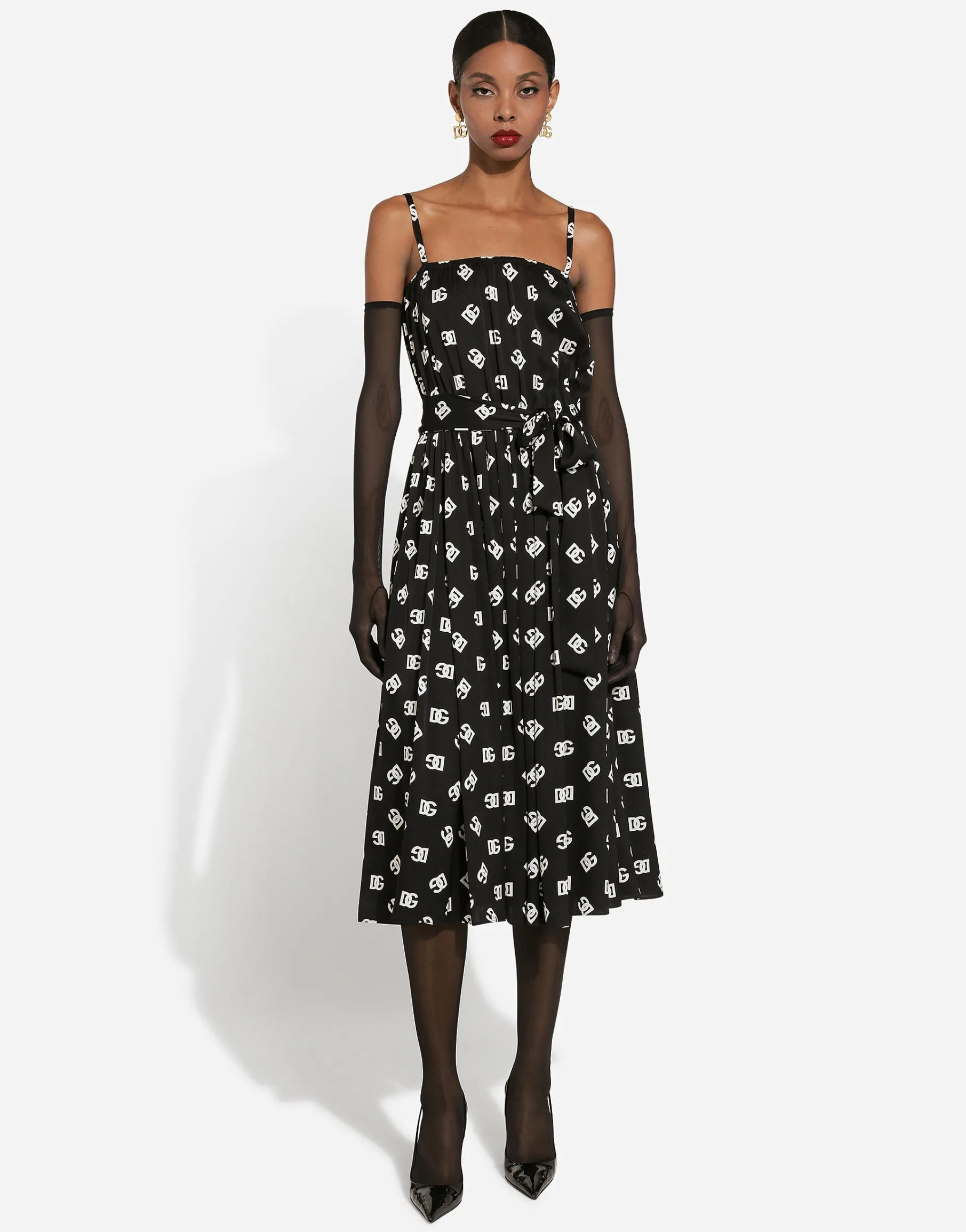 Charmeuse calf-length dress with all-over DG logo print