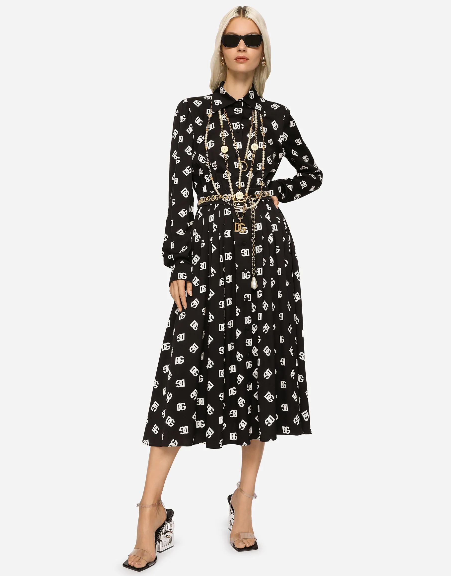 Charmeuse calf-length dress with all-over DG print