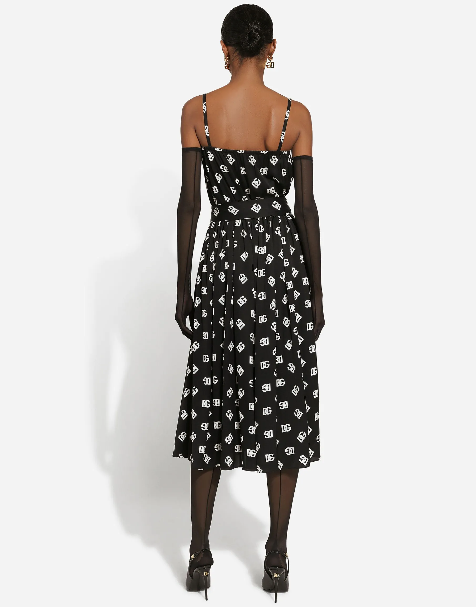 Charmeuse calf-length dress with all-over DG logo print