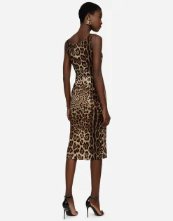 Charmeuse calf-length dress with leopard print