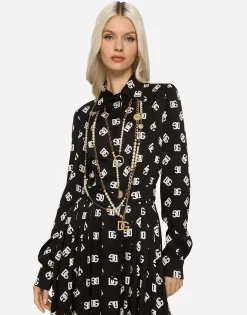 Charmeuse calf-length dress with all-over DG print