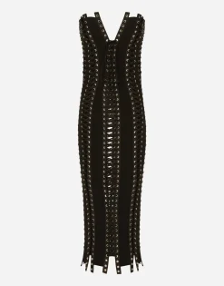 Charmeuse calf-length dress with laces and eyelets