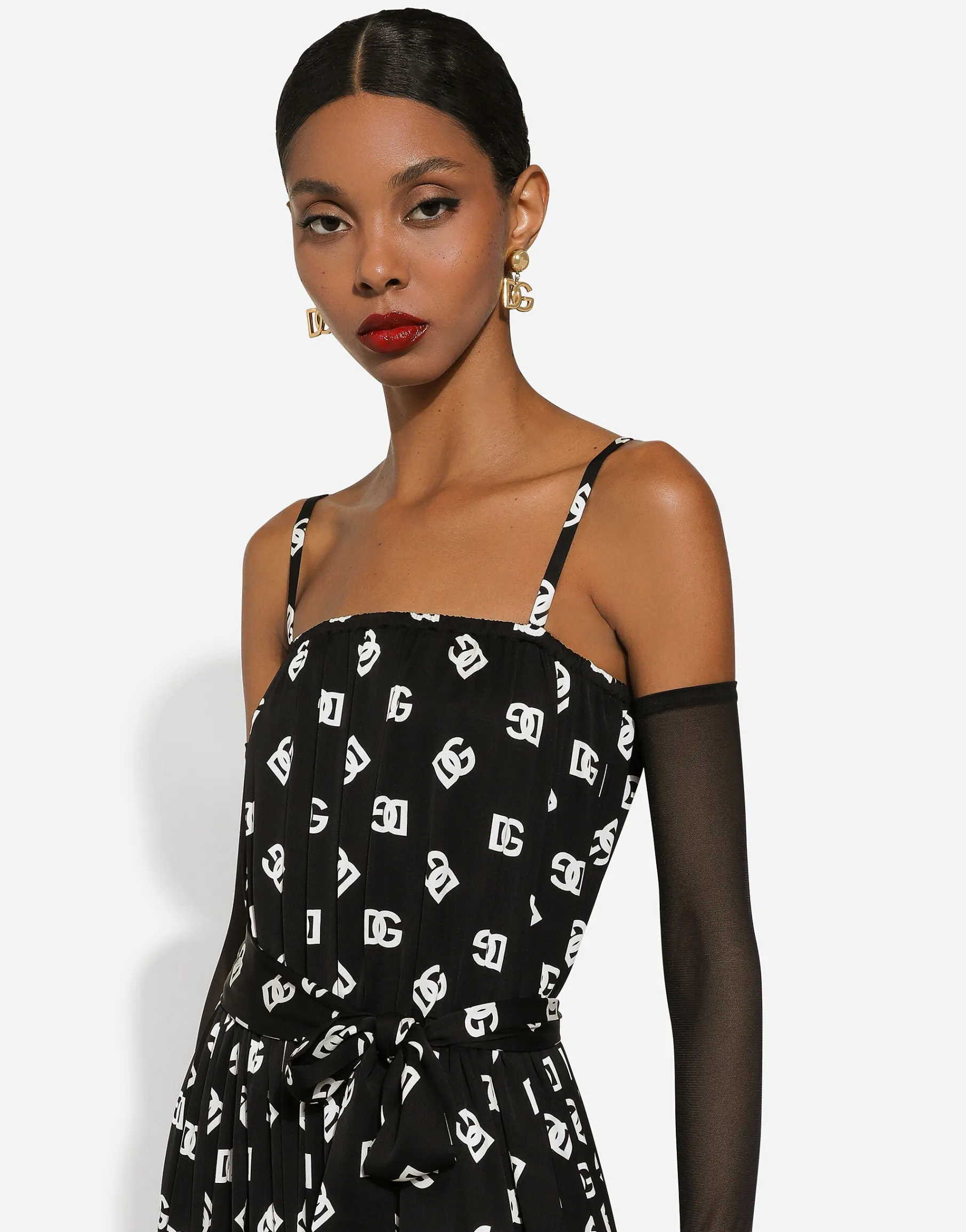 Charmeuse calf-length dress with all-over DG logo print