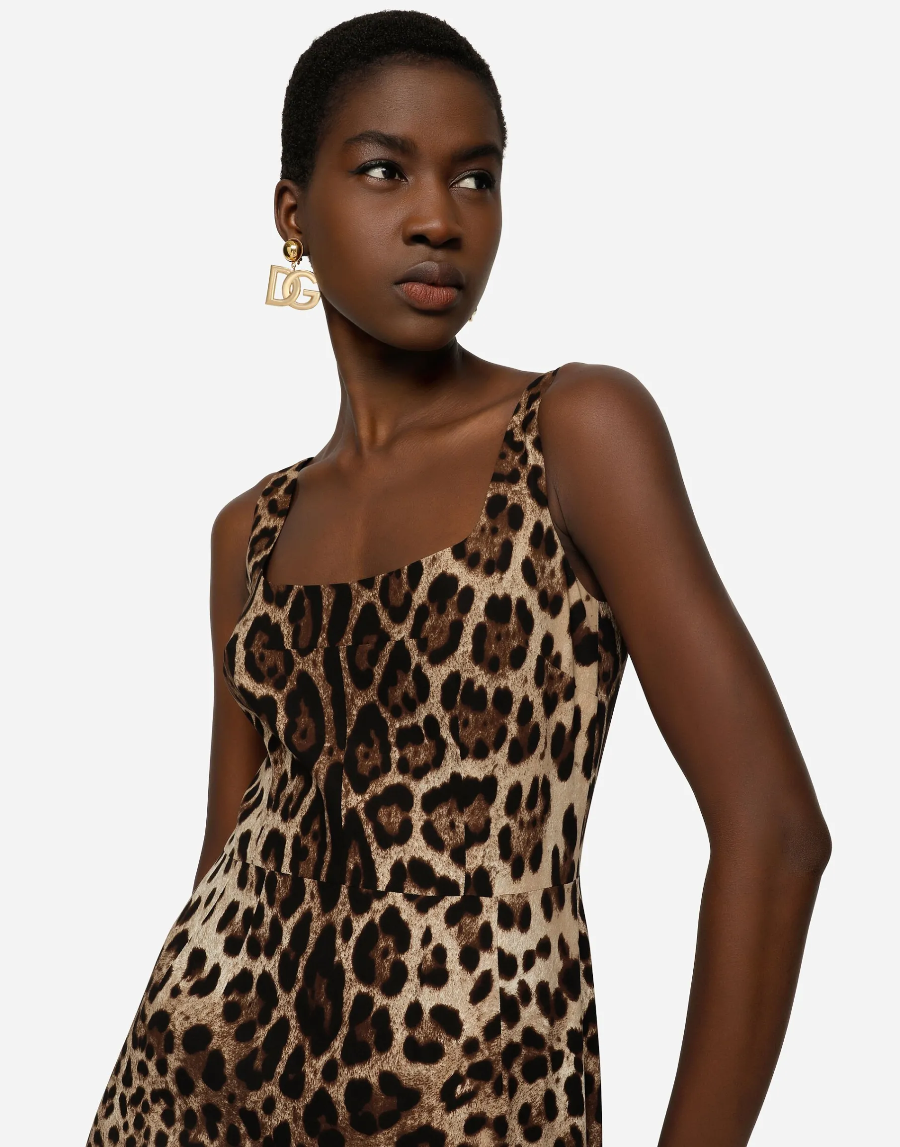 Charmeuse calf-length dress with leopard print