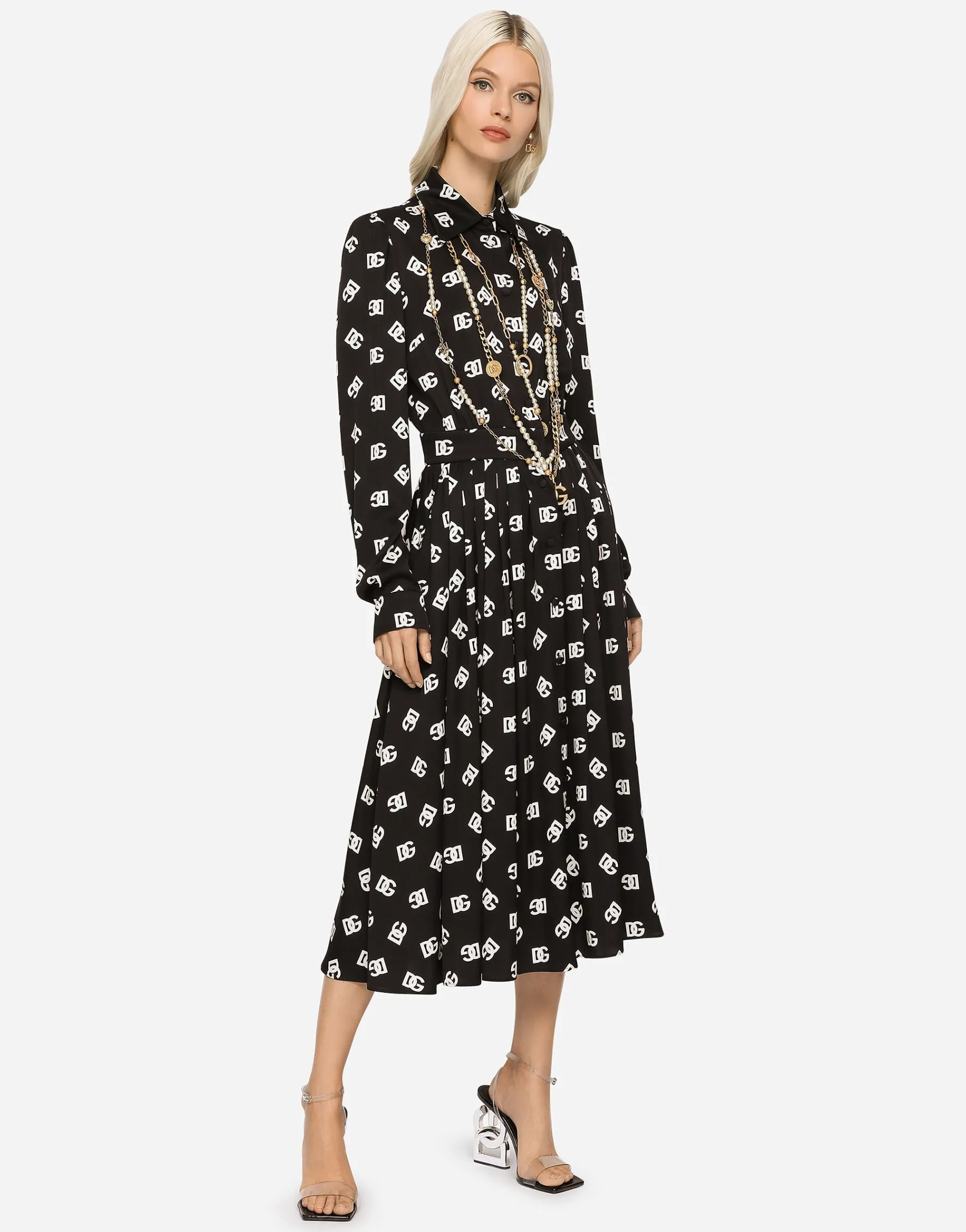 Charmeuse calf-length dress with all-over DG print