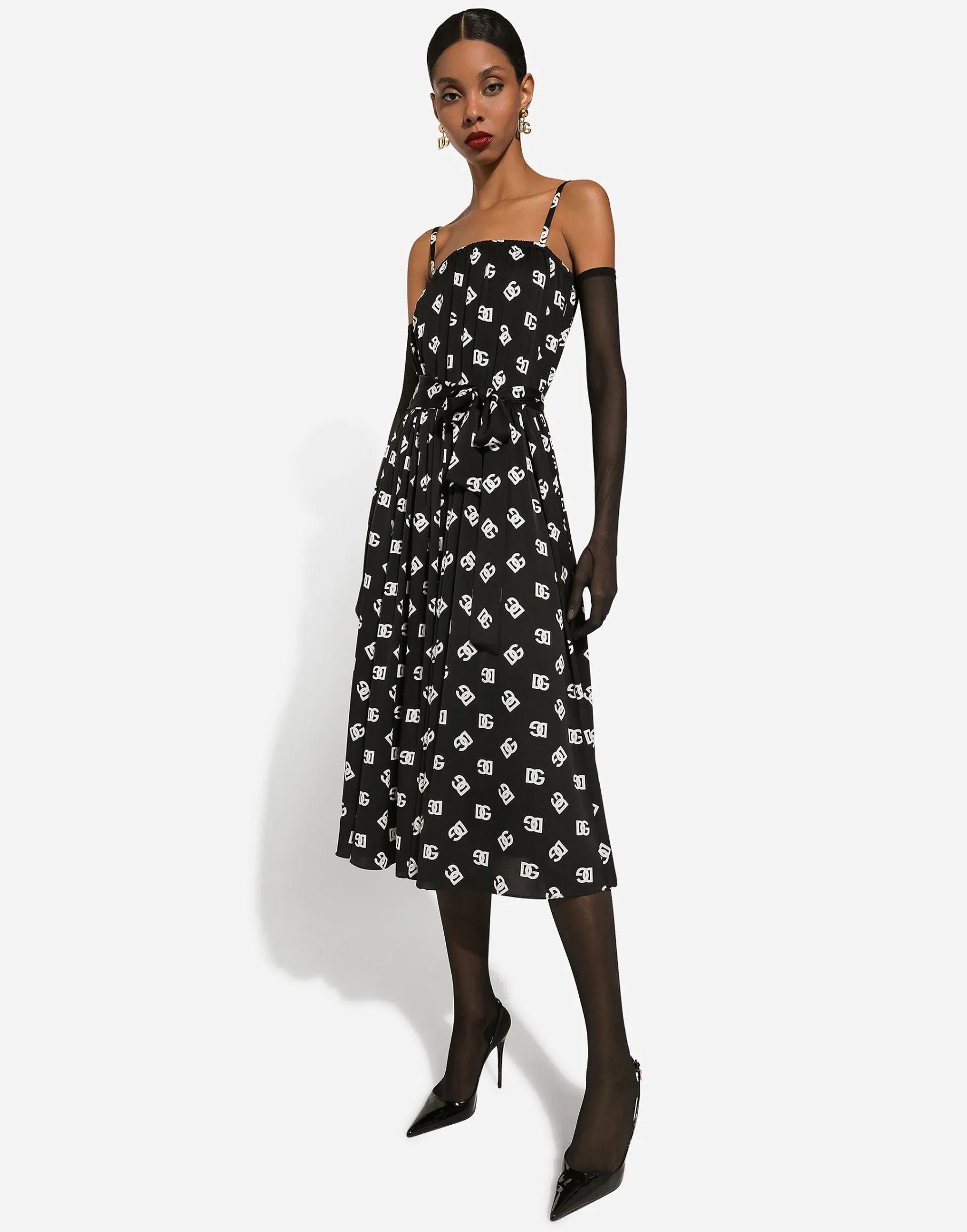 Charmeuse calf-length dress with all-over DG logo print