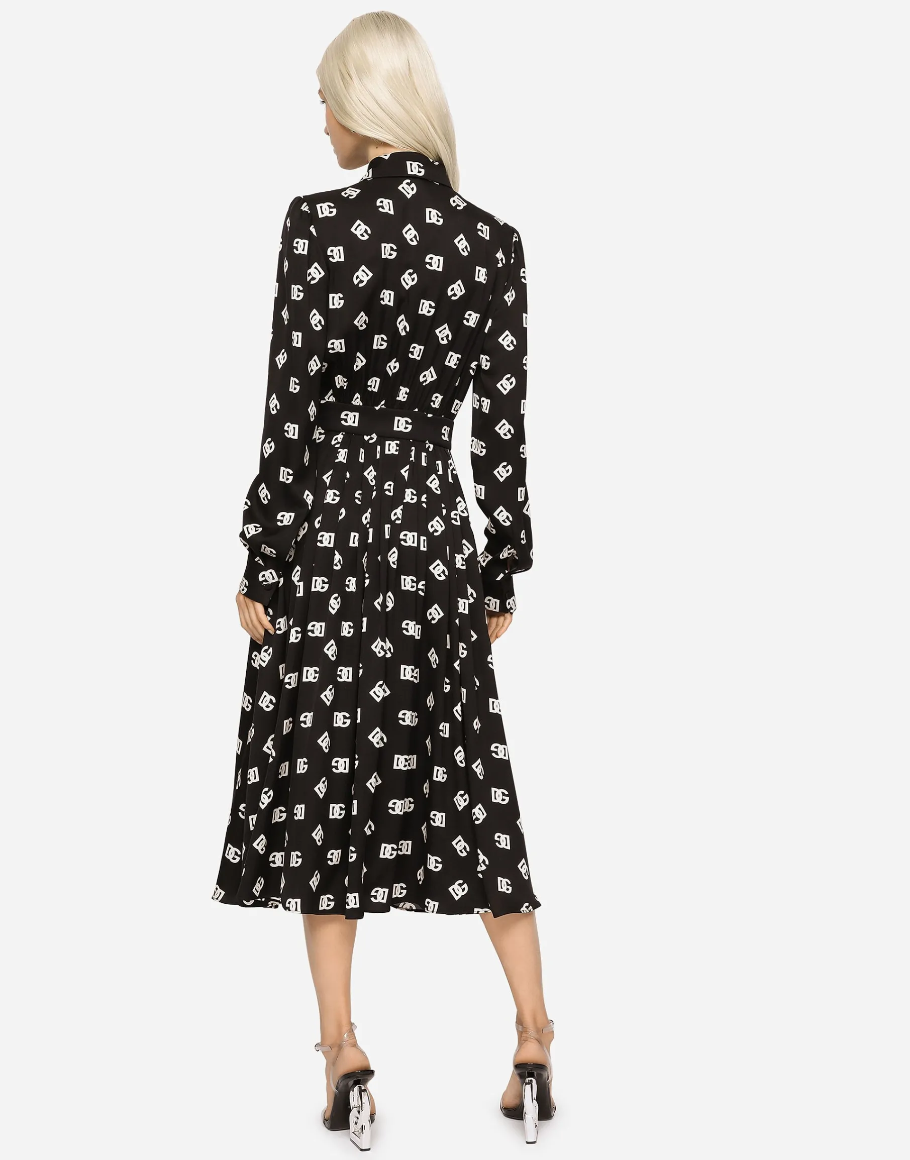 Charmeuse calf-length dress with all-over DG print