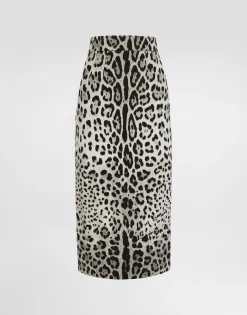 Charmeuse calf-length pencil skirt with leopard print