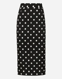 Charmeuse calf-length pencil skirt with polka-dot print