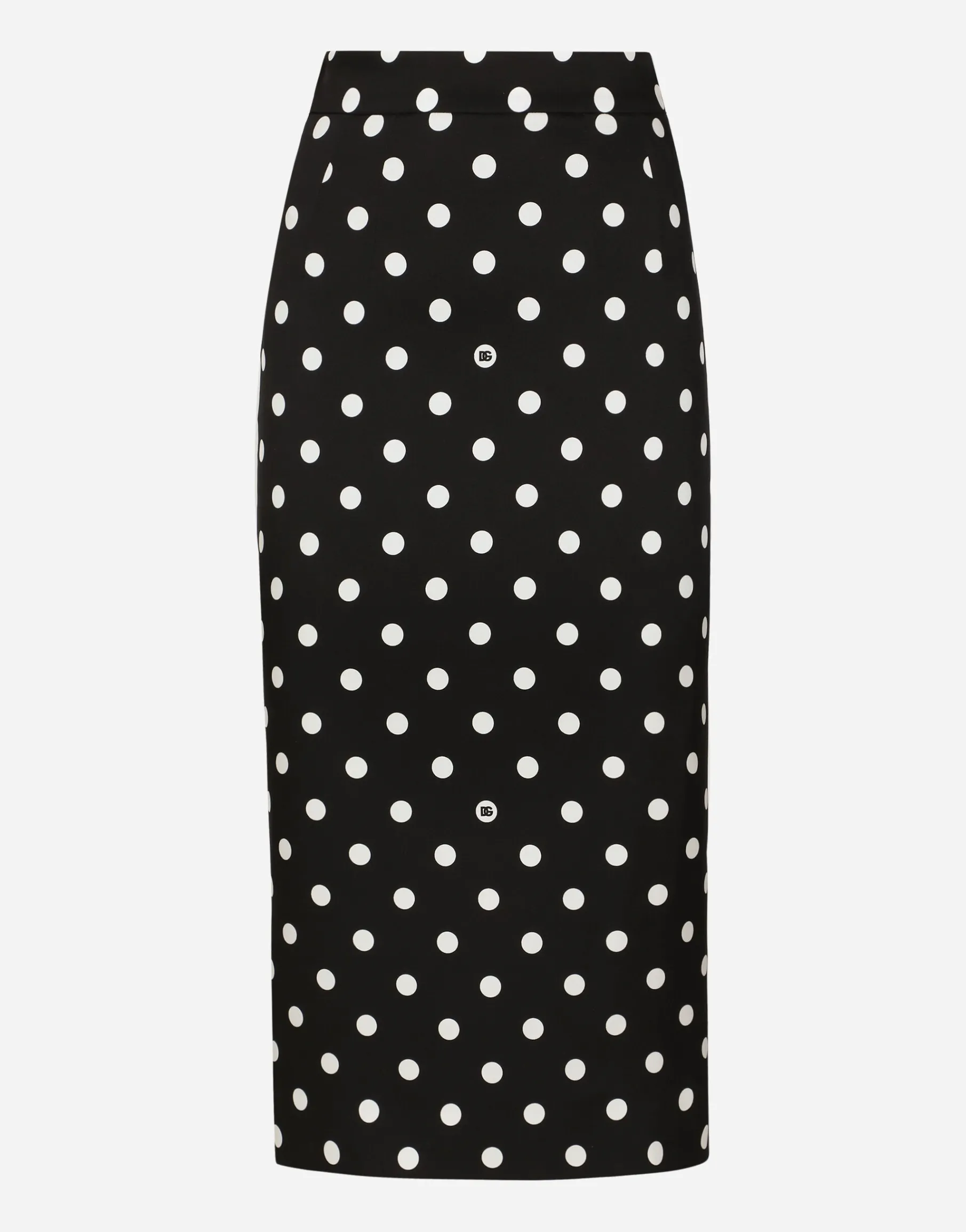 Charmeuse calf-length pencil skirt with polka-dot print