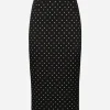 Charmeuse calf-length pencil skirt with polka-dot print