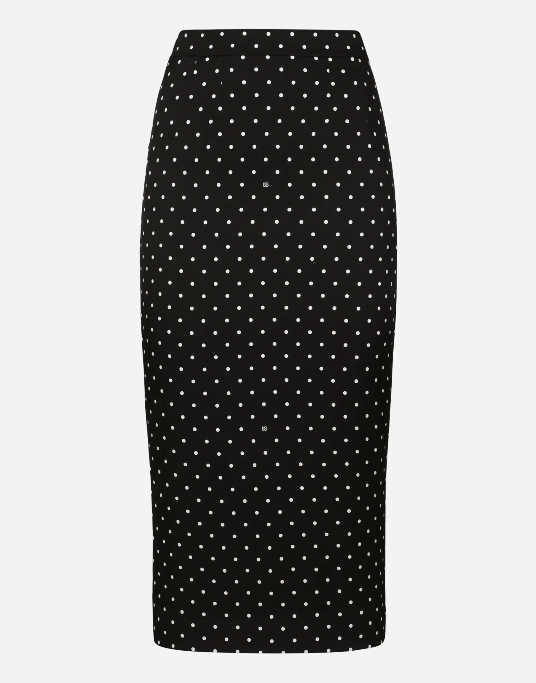 Charmeuse calf-length pencil skirt with polka-dot print