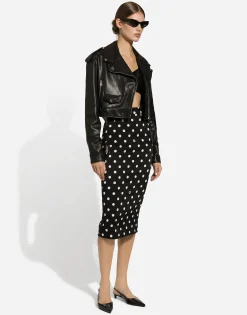 Charmeuse calf-length pencil skirt with polka-dot print