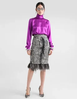 Charmeuse calf-length pencil skirt with fur print and feathered detailing