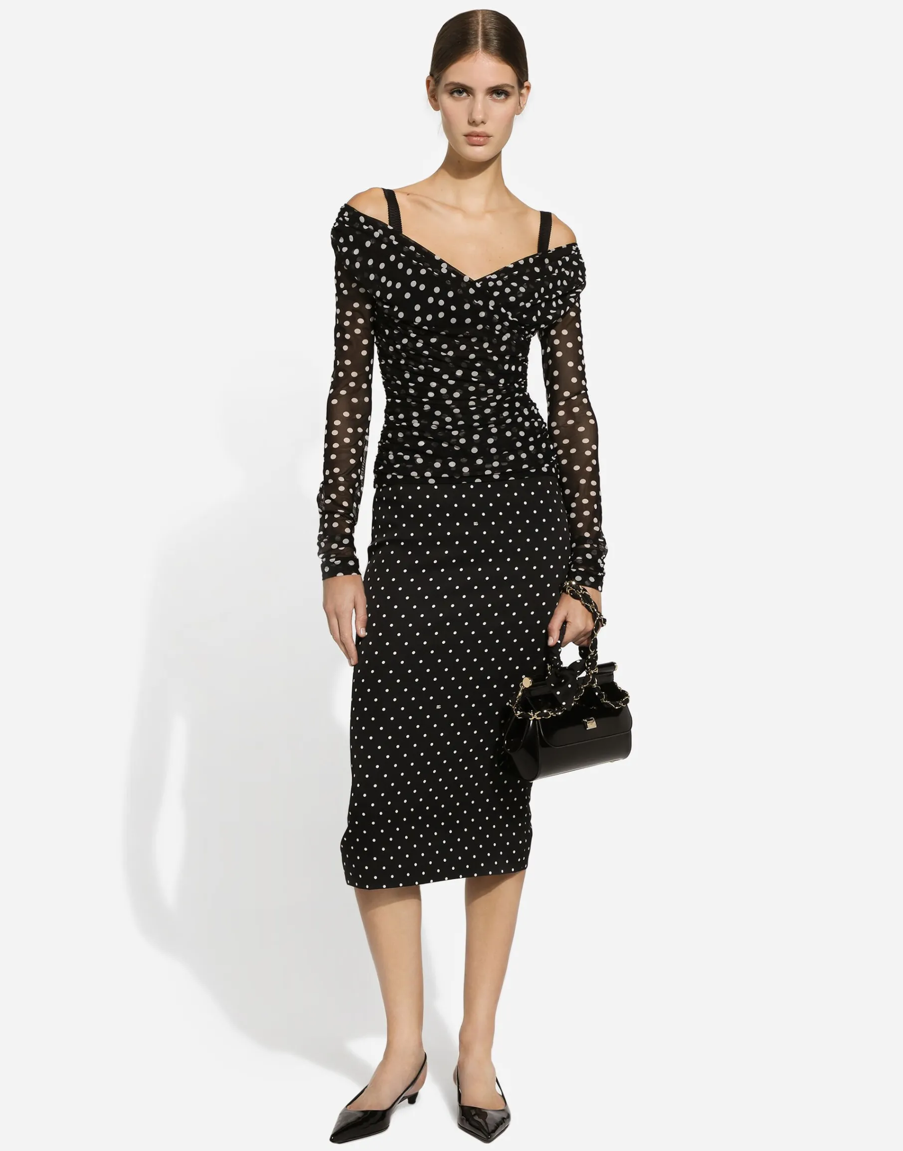 Charmeuse calf-length pencil skirt with polka-dot print
