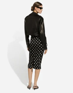 Charmeuse calf-length pencil skirt with polka-dot print