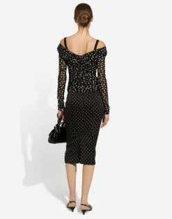 Charmeuse calf-length pencil skirt with polka-dot print