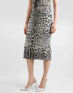 Charmeuse calf-length pencil skirt with leopard print