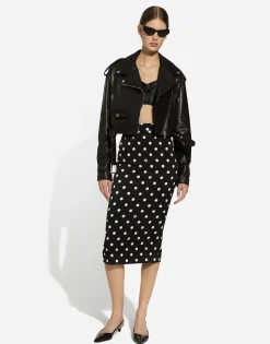 Charmeuse calf-length pencil skirt with polka-dot print