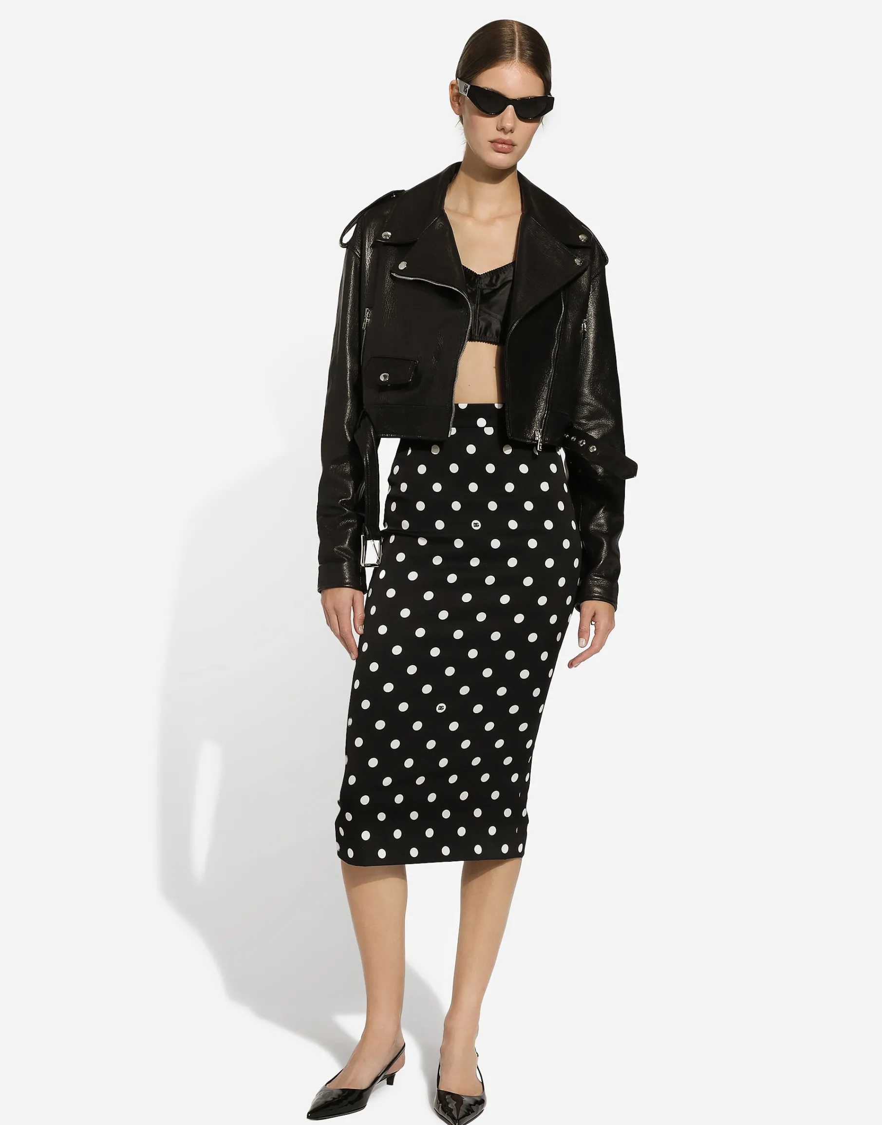 Charmeuse calf-length pencil skirt with polka-dot print
