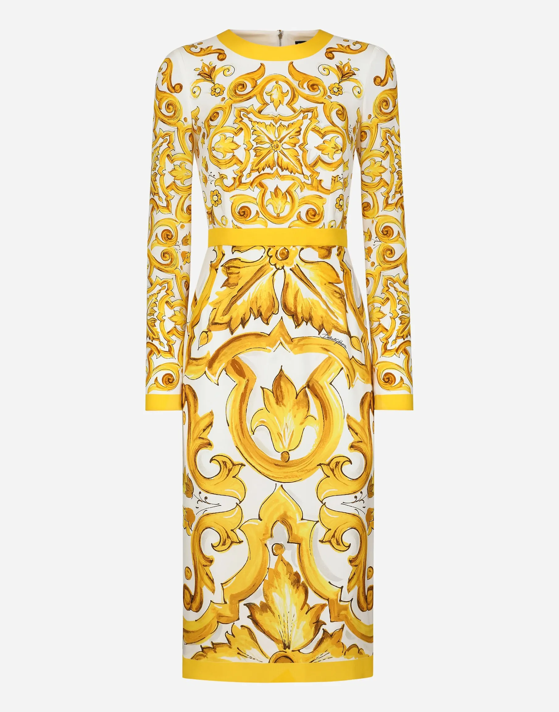 Charmeuse calf-length sheath dress with majolica print