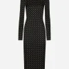 Charmeuse calf-length sheath dress with polka-dot print