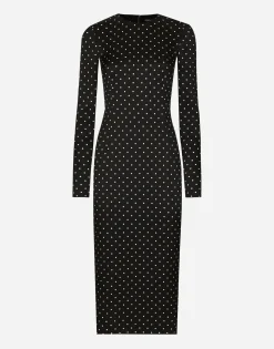 Charmeuse calf-length sheath dress with polka-dot print