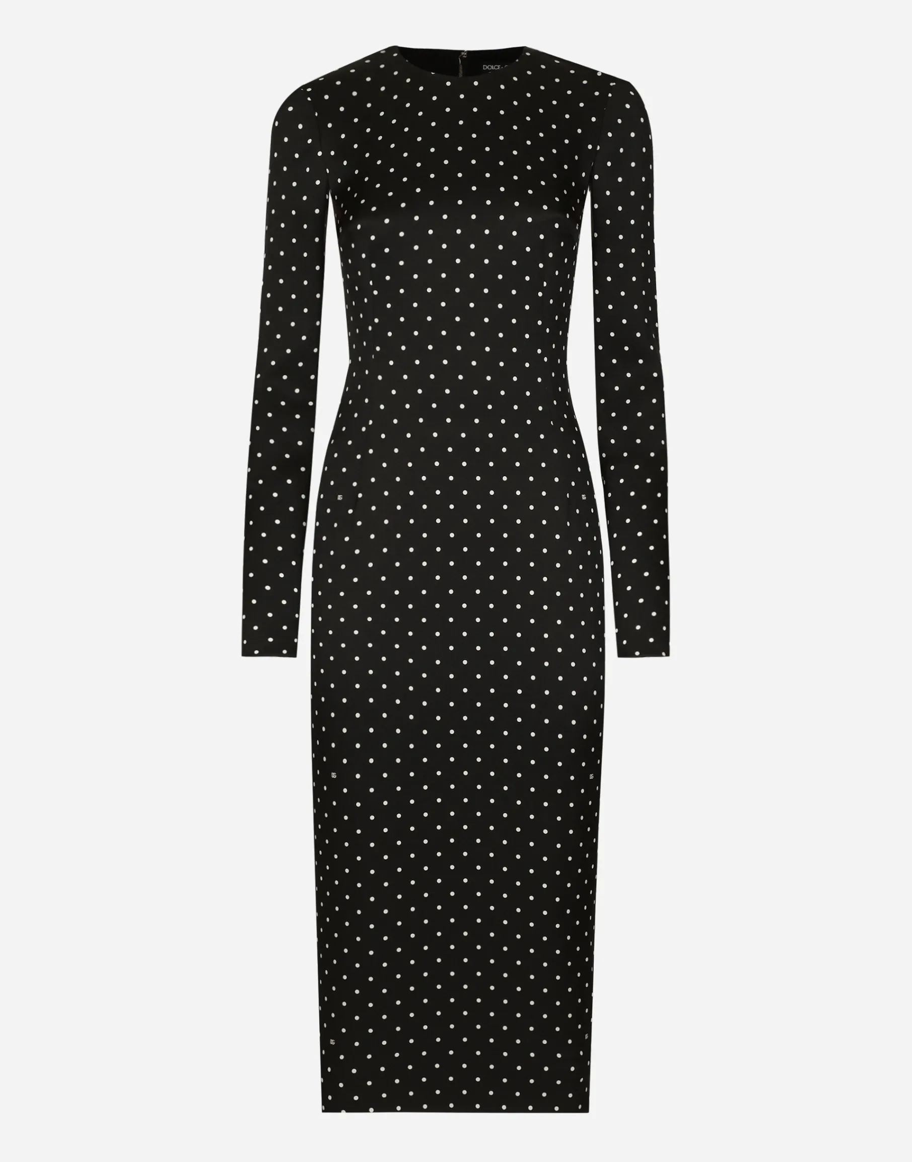Charmeuse calf-length sheath dress with polka-dot print