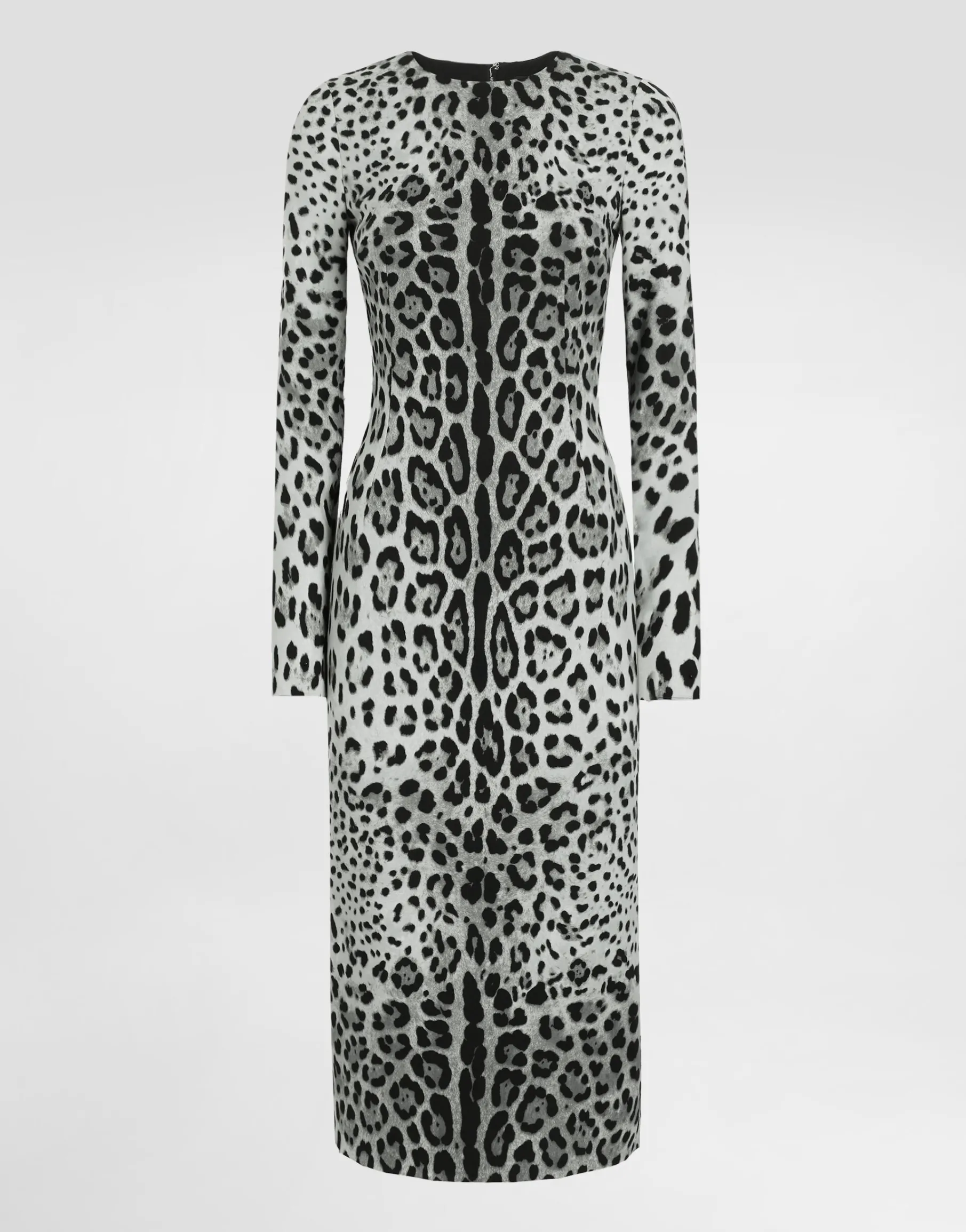 Charmeuse calf-length sheath dress with leopard print