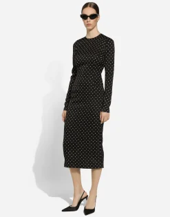 Charmeuse calf-length sheath dress with polka-dot print