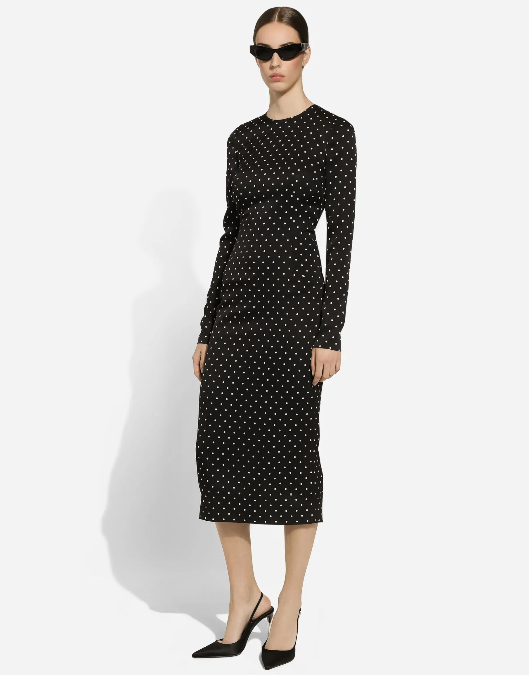 Charmeuse calf-length sheath dress with polka-dot print