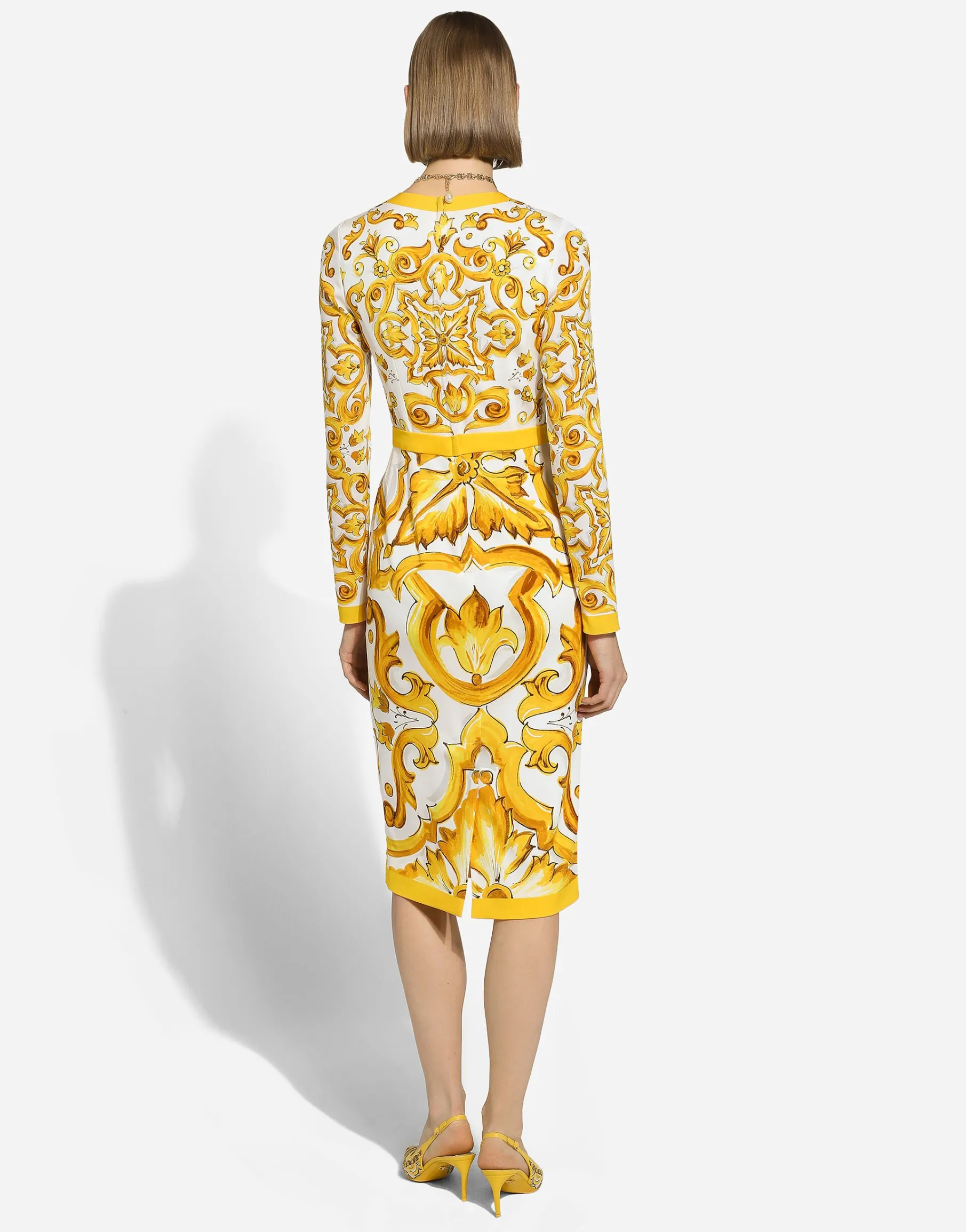 Charmeuse calf-length sheath dress with majolica print