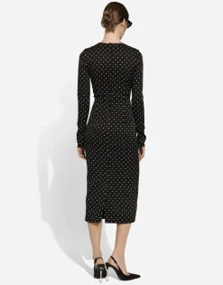 Charmeuse calf-length sheath dress with polka-dot print