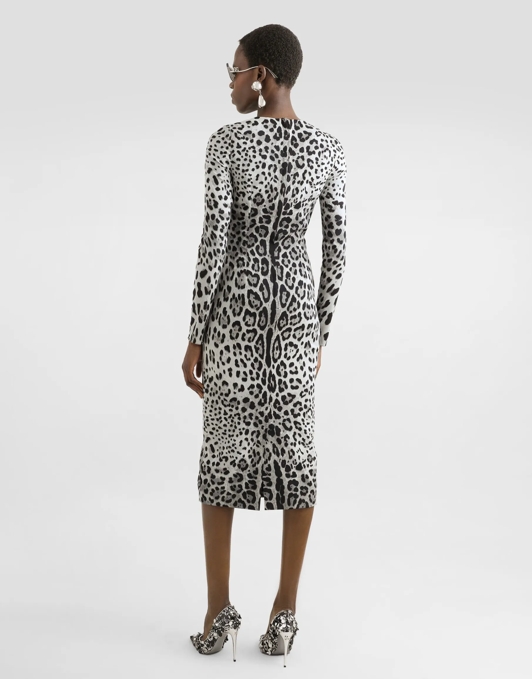 Charmeuse calf-length sheath dress with leopard print