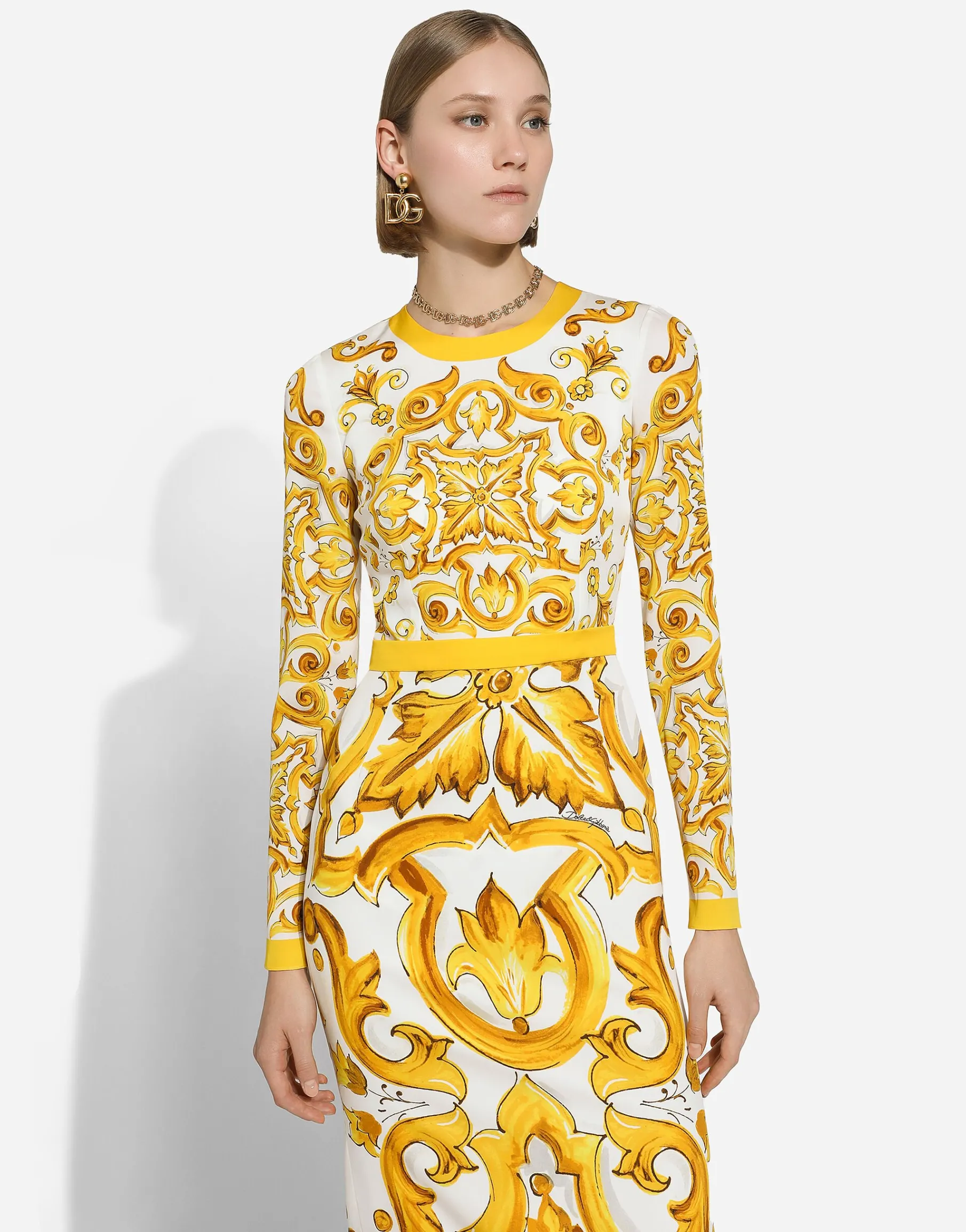 Charmeuse calf-length sheath dress with majolica print