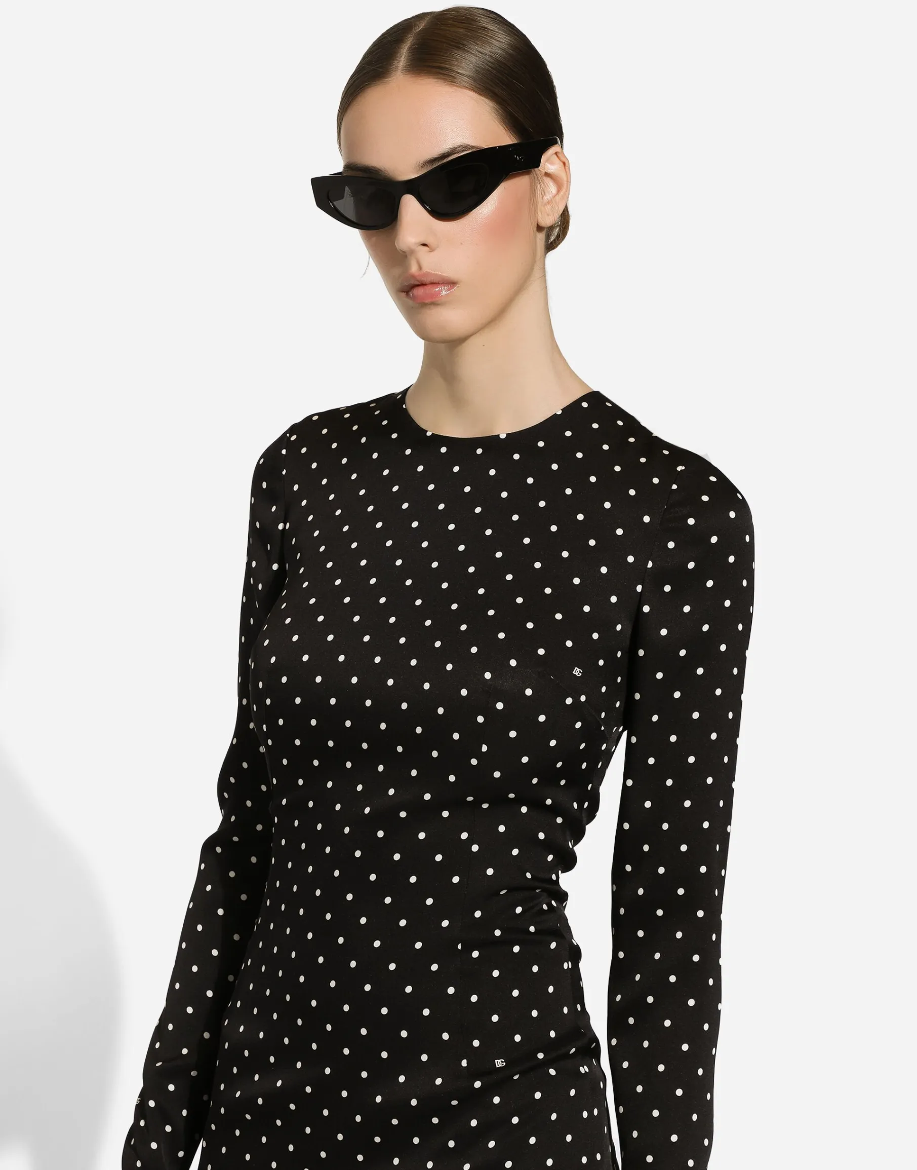 Charmeuse calf-length sheath dress with polka-dot print
