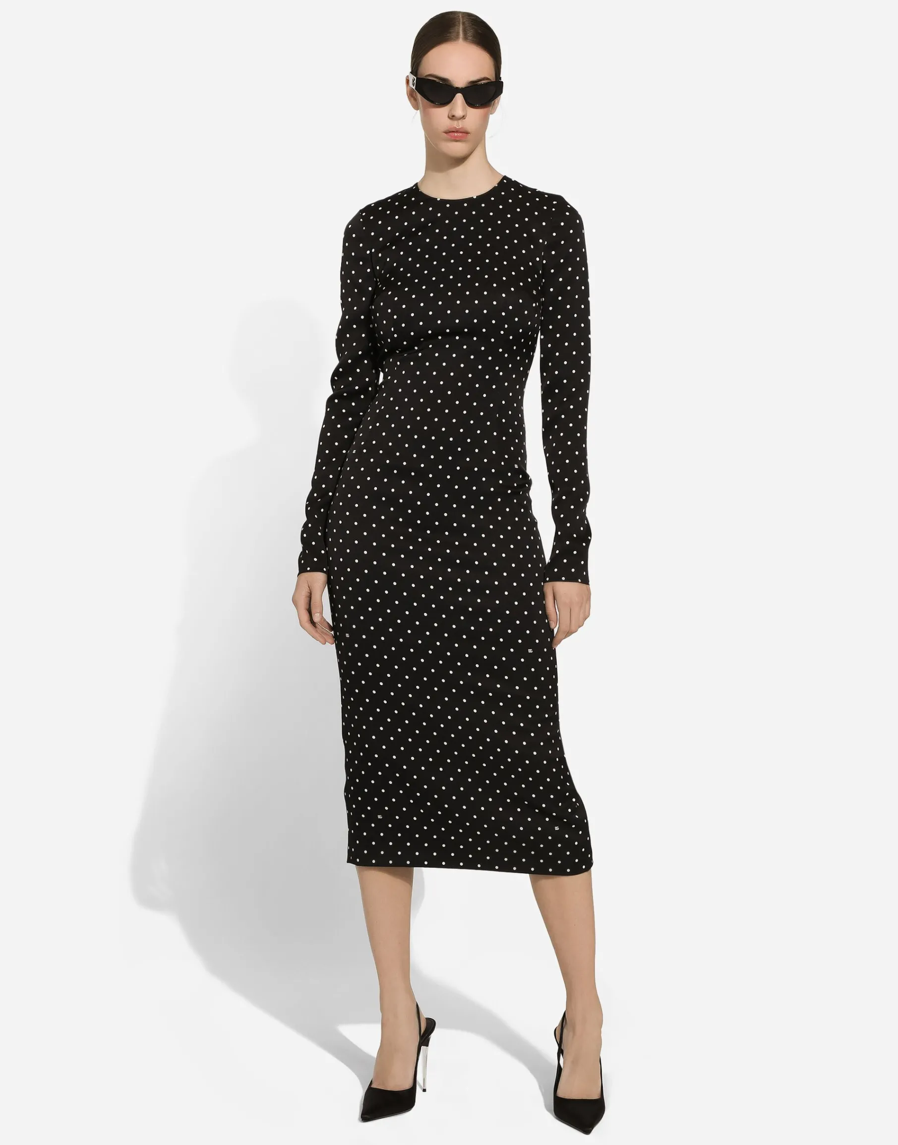 Charmeuse calf-length sheath dress with polka-dot print