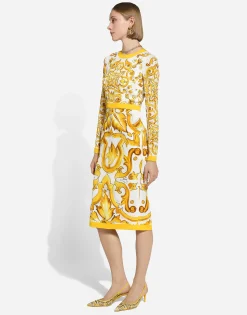 Charmeuse calf-length sheath dress with majolica print