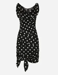 Charmeuse midi dress with draping and polka-dot print