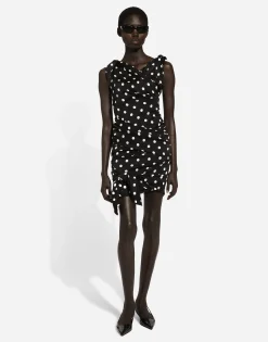 Charmeuse midi dress with draping and polka-dot print