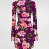 Charmeuse midi sheath dress with draping and rose print