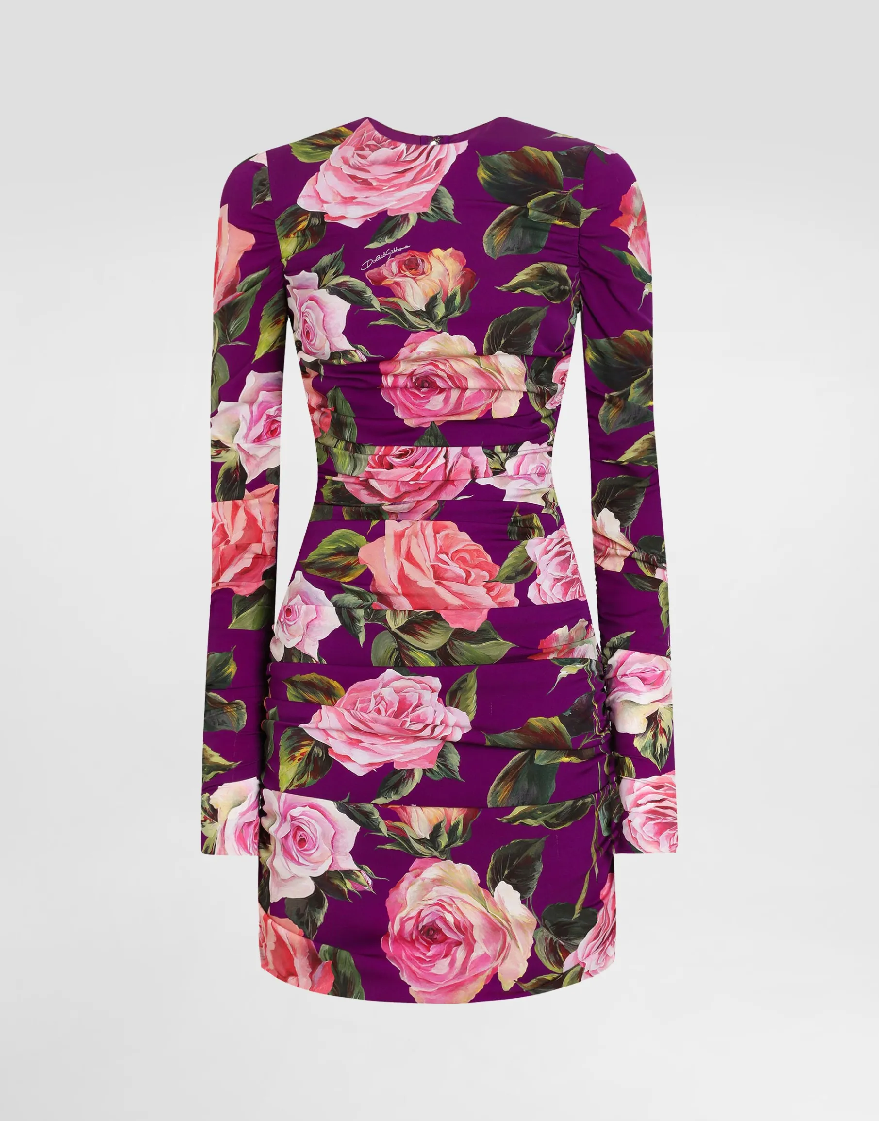 Charmeuse midi sheath dress with draping and rose print