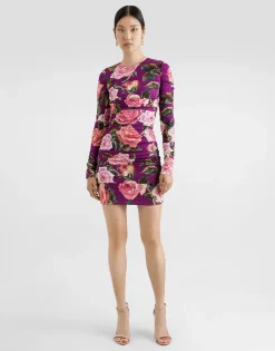 Charmeuse midi sheath dress with draping and rose print