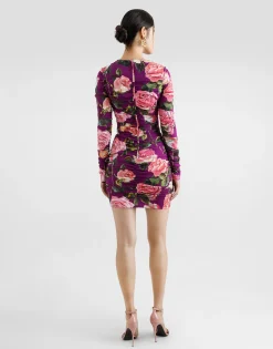 Charmeuse midi sheath dress with draping and rose print
