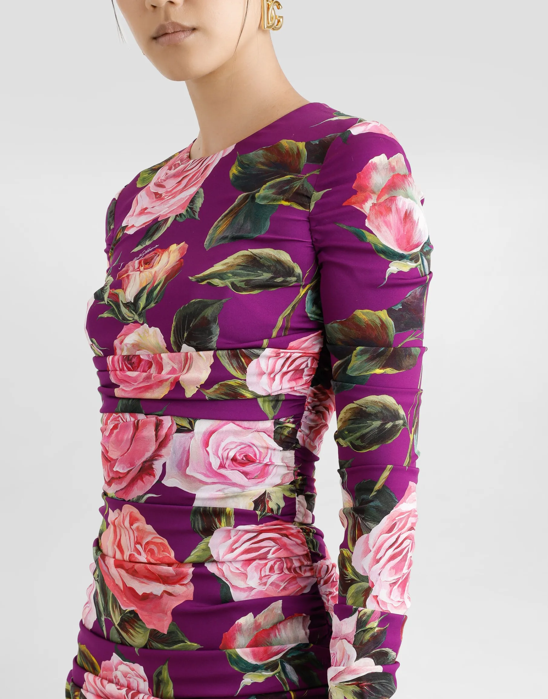 Charmeuse midi sheath dress with draping and rose print