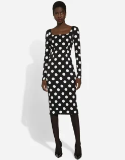 Charmeuse sheath dress with macro polka-dot print