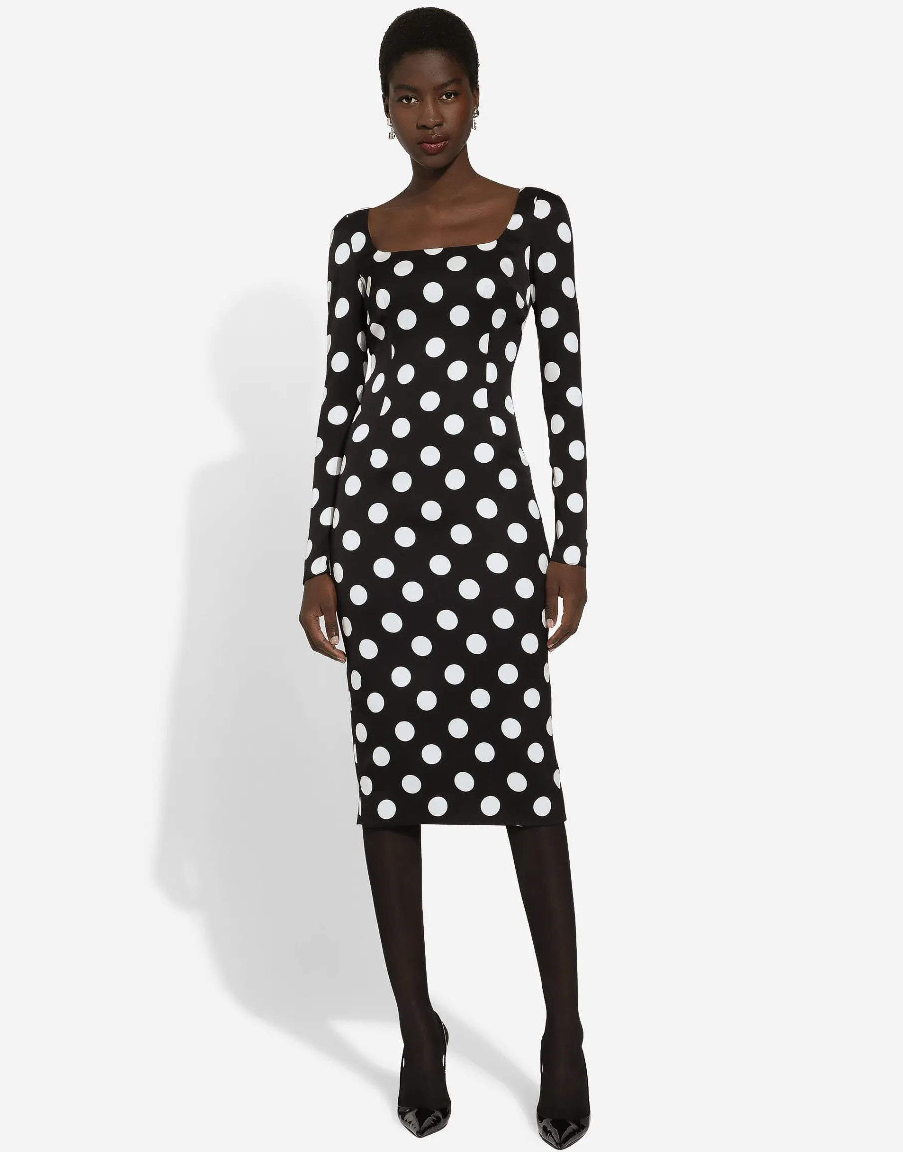 Charmeuse sheath dress with macro polka-dot print