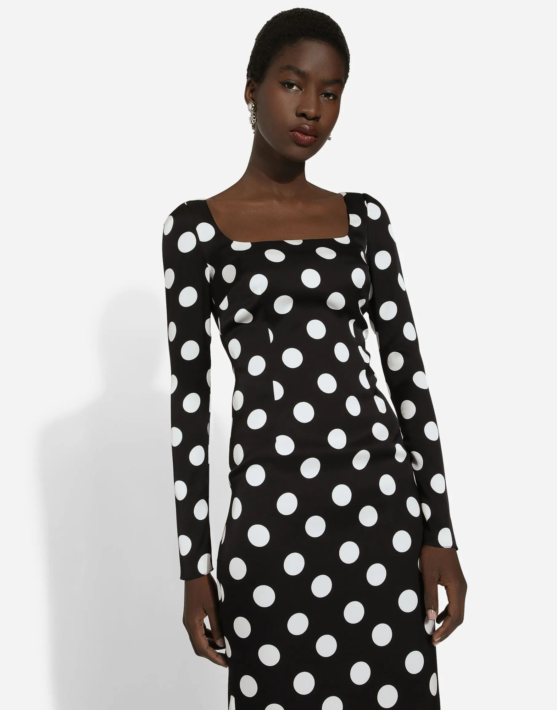 Charmeuse sheath dress with macro polka-dot print